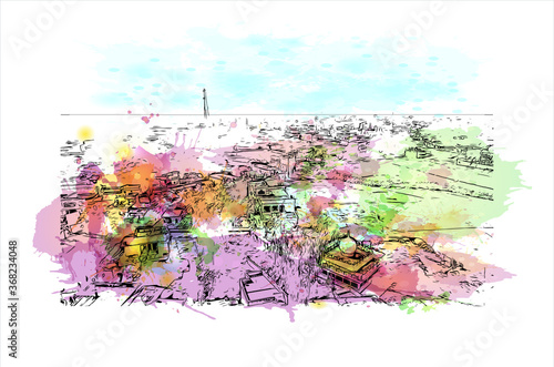 Building view with landmark of Akbarpur is a city and a municipal board in, and the administrative headquarters of, Ambedkar Nagar. Watercolor  splash with hand drawn sketch illustration in vector. photo