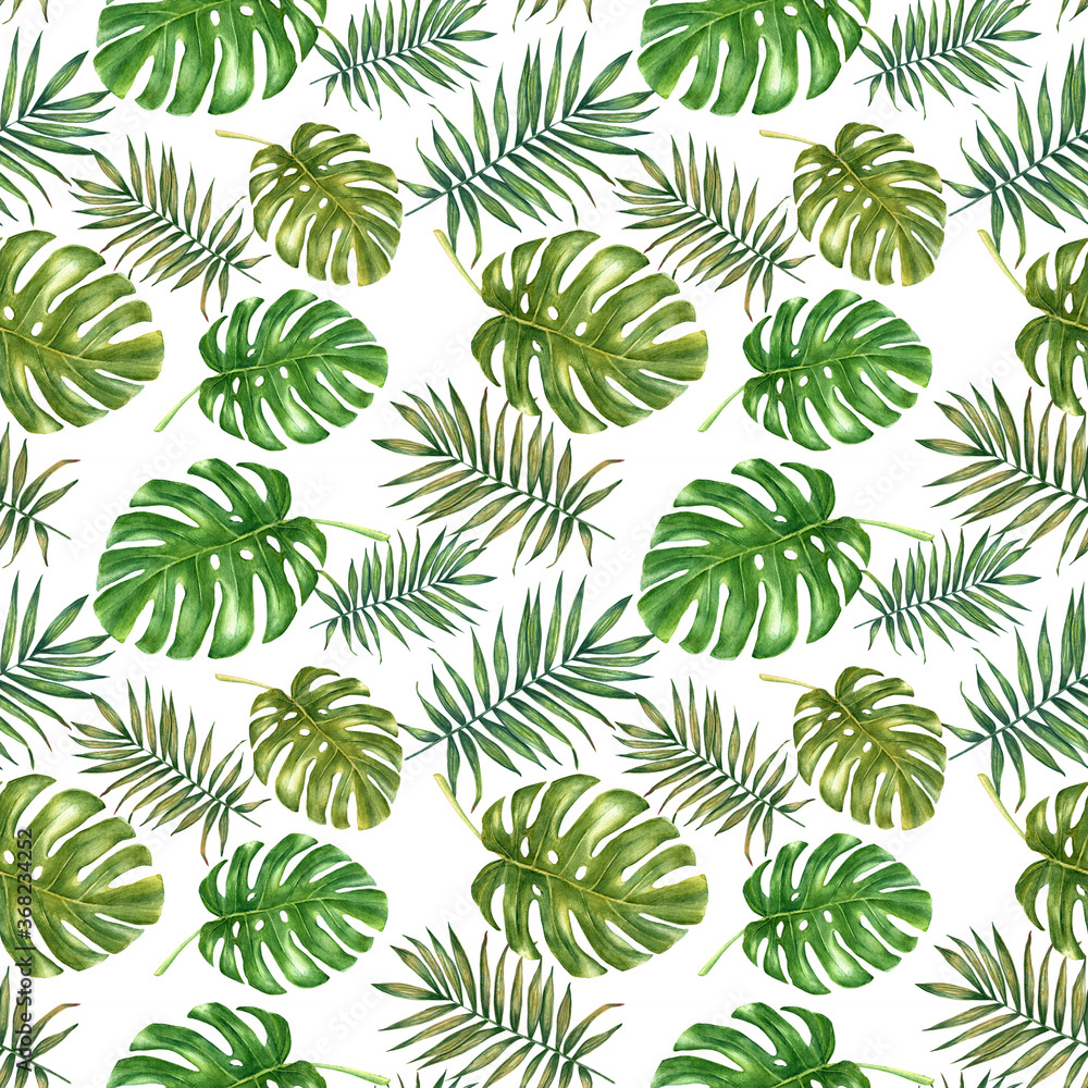 Hand painted watercolor palm and monstera leaves seamless pattern.	