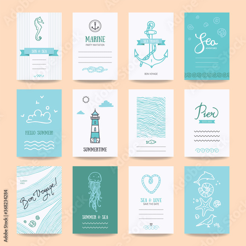 Summer holiday, sea vacation, ocean trip card, wedding flyer, party invitation, poster. Hipster collection of summertime templates, hand drawn design elements, marine symbols, vector illustrations.