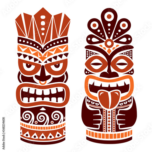 Tiki pole totem vector design in brown - traditional statue decor set from Polynesia and Hawaii, tribal folk art background
