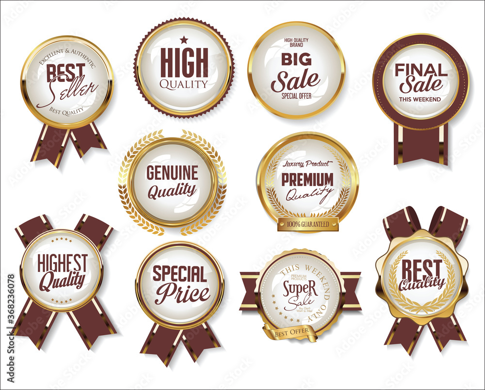 Retro vintage golden sale badges and labels collection - obrazy, fototapety, plakaty 