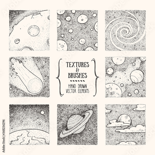 Hand drawn stippling illustrations related to cosmos, space exploration. Artistic freehand drawings collection. Galaxy background, stippling textured drawing for prints. Isolated vector set.