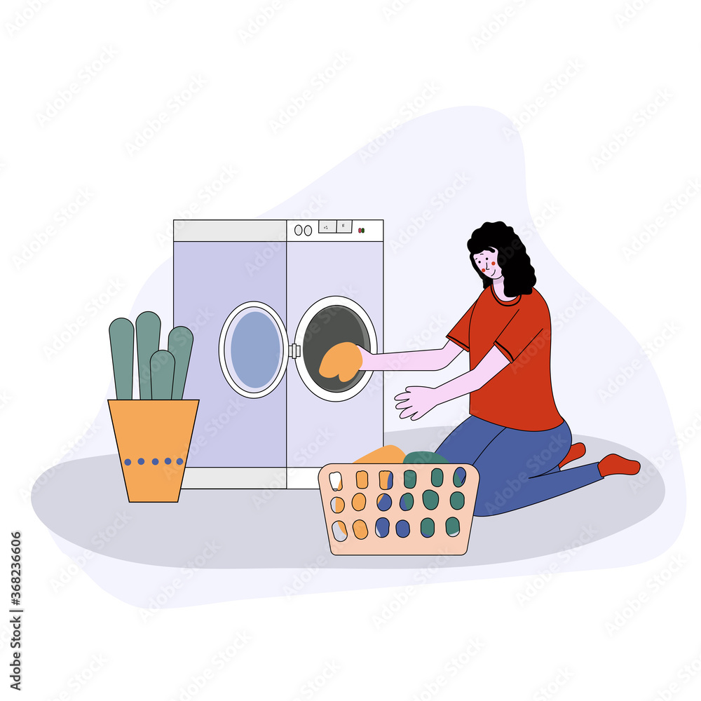 Woman doing laundry putting dirty clothes on washing machine from basket.  illustration cartoon style. Stock Illustration | Adobe Stock