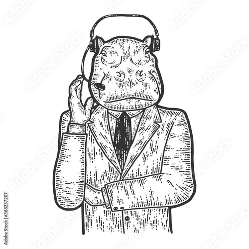 Hippopotamus in a suit, employee of the call center. Sketch scratch board imitation.