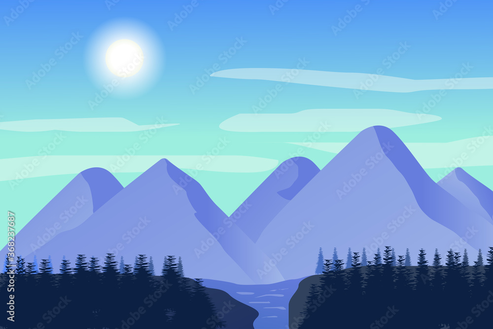 Plakat landscape mountain with jungle in winter season vector illustration