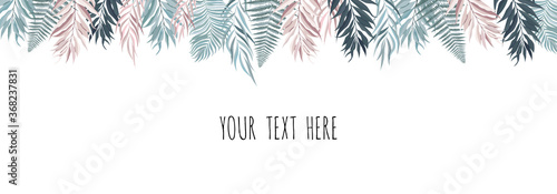 Horisontal botanical vector design banner. Stylized Eucalyptus, succulents, flowers, greenery. Natural spring card or frame.