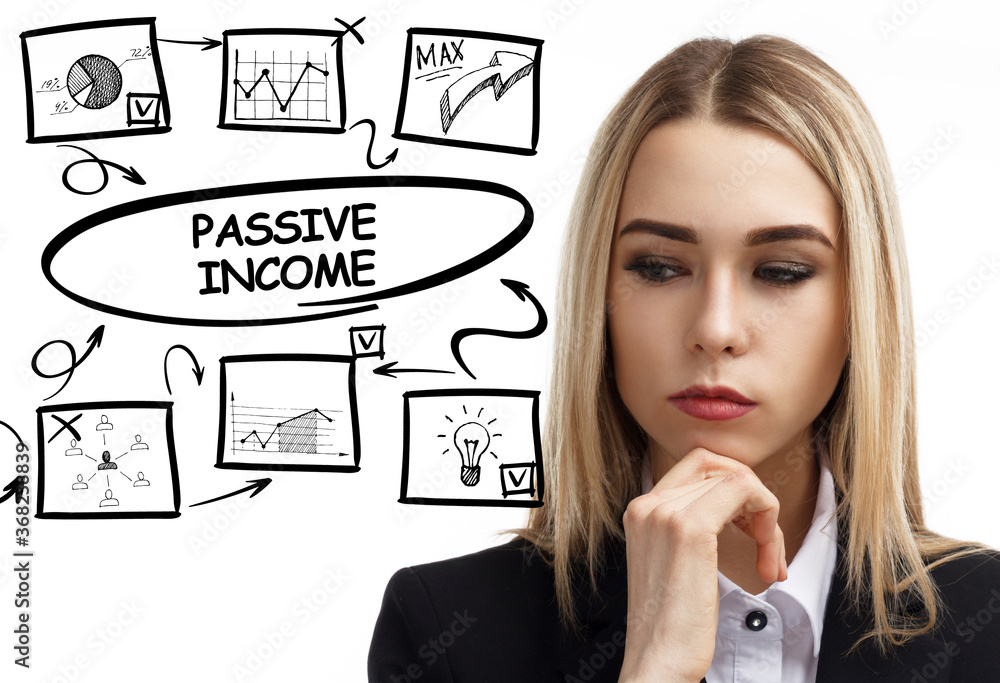 Business, technology, internet and network concept. Young businessman thinks over the steps for successful growth: Passive income Business, technology, internet and network concept. Young businessman thinks over the steps for successful growth: Passive income