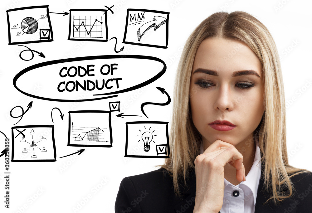 Business, technology, internet and network concept. Young businessman thinks over the steps for successful growth: Code of conduct Business, technology, internet and network concept. Young businessman thinks over the steps for successful growth: Code of conduct