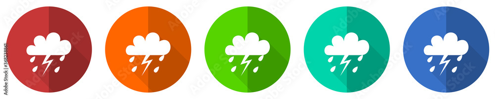 Storm icon set, red, blue, green and orange flat design web buttons isolated on white background, vector illustration Storm icon set, red, blue, green and orange flat design web buttons isolated on white background, vector illustration
