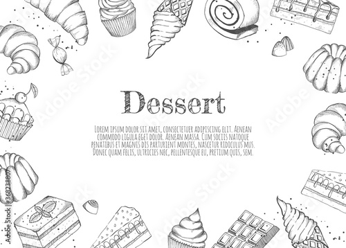 Sketch dessert. Cake, pastry and ice cream, muffin in vintage style. Hand drawn desserts vector set.