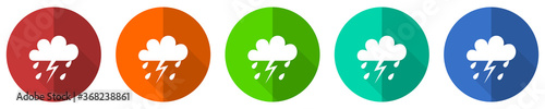 Storm icon set, red, blue, green and orange flat design web buttons isolated on white background, vector illustration