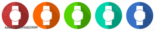 Smartwatch icon set, smart watch, red, blue, green and orange flat design web buttons isolated on white background, vector illustration