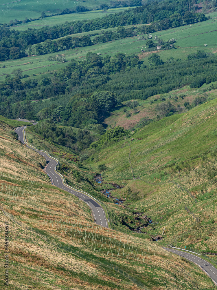 The Crow Road in The Campsie Fells a popular route for road trips through the mountains in the lowlands of Scotland