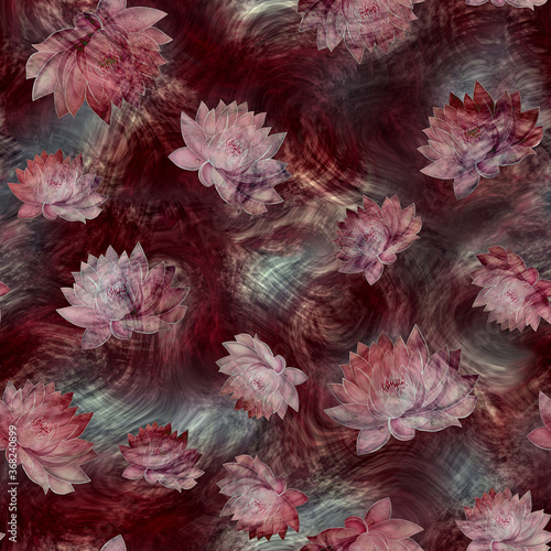 Seamles dark red pattern with water lilies
