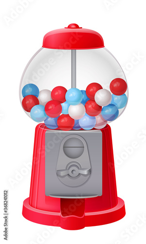 classic red gumball vending machine filled with red blue and white bubble gum balls isolated on white background. 3d realistic vector illustration with transparent glass