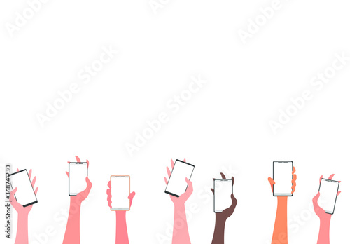 Many different hands with phones raised up on a white background. Vector illustration, flat cartoon design, eps 10.