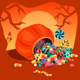 The pumpkin overturned and sweets spilled out of it. Happy Halloween. Trick or treat. Vector cartoon illustration.