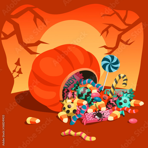 The pumpkin overturned and sweets spilled out of it. Happy Halloween. Trick or treat. Vector cartoon illustration.