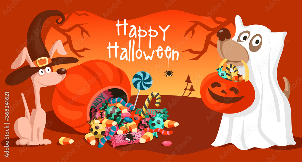 Fototapeta premium Two cute cartoon dogs in Halloween witch and ghost costumes. Trick or treat, happy Halloween. Vector illustration or postcard.