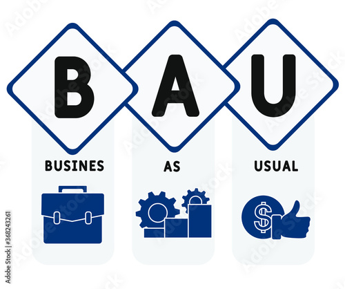 BAU - Business as Usual. business concept background.  vector illustration concept with keywords and icons. lettering illustration with icons for web banner, flyer, landing page, presentation