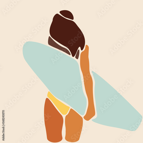Surfing. People in swimwear in sea or ocean. Surfers in beachwear with surfboards. Abstract minimal vector illustrations. Summer activity.