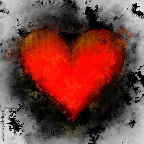 Grunge red damaged heart on dirty white background. Valentine's Day art card.