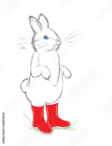 Cute Sketch Bunny with RCute Sketch Bunny with Red Boots. Beautiful and Adorable White Rabbit. Vector illustration. Free Hand Draw. Freehand Drawing. Sketched Portrait of a Cute Bunny. Cartooned Boots