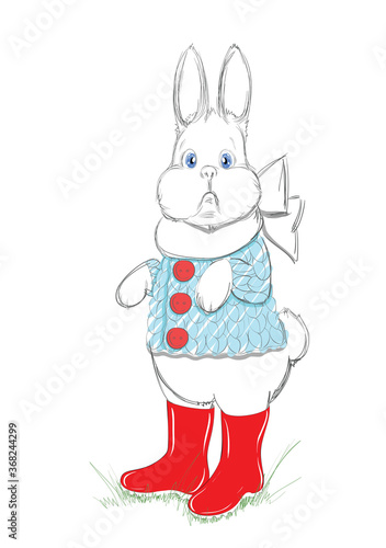 Beautiful and Adorable Small White Bunny with Knit Baby Sweater, Scarf and Red Boots. Vector illustration. Cute Sketch Rabbit. Free Hand Drawing. Freehand Sketch