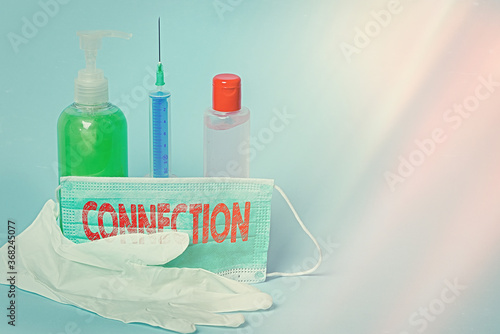 Handwriting text writing Connection. Conceptual photo relationship in which an individual, thing is linked to something else Primary medical precautionary equipments for health care protection photo