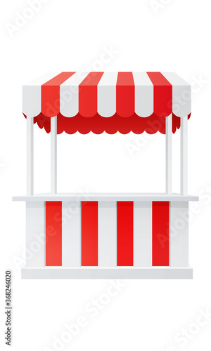 red carnival fair marketplace booth with tent isolated on white background. 3d realistic vector illustration