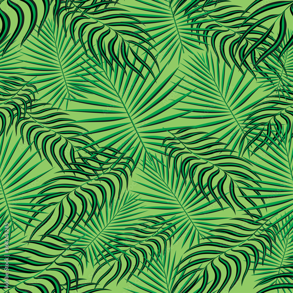 Tropical palm leaves pattern seamless background. Exotic floral fashion foliage art pattern. Seamless beautiful botany palm tree summer decoration design. Print pattern for textile swimwear. Vector.