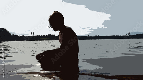Digital painting style representing a boy crouching by the sea