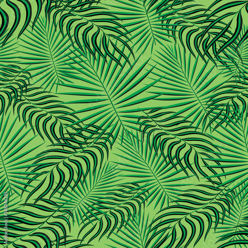 Tropical palm leaves pattern seamless background. Exotic floral fashion foliage art pattern. Seamless beautiful botany palm tree summer decoration design. Print pattern for textile swimwear. Vector.