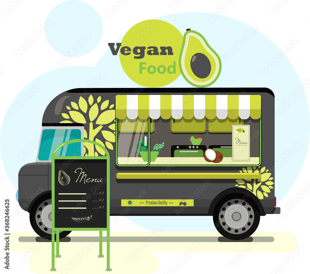 Stockillustrationen Street food truck with vegetarian food. flat
