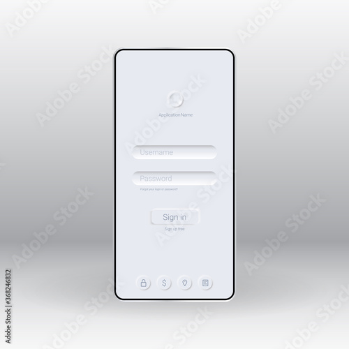 User interface for mobile application in neomorphism style. Fields for entering username and password. Login and registration button. Template for a mobile app. White background