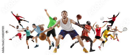 Sport collage of professional athletes or players isolated on white background, flyer. Made of different photos of 10 models. Concept of motion, action, power, target and achievements, healthy, active © master1305