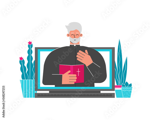 Vector illustration. Christian pastor helps people who stayng home. Priest holds Bible, preaches sermon by web stream from laptop. Online conference  as part of Church Life. Cartoon flat character.