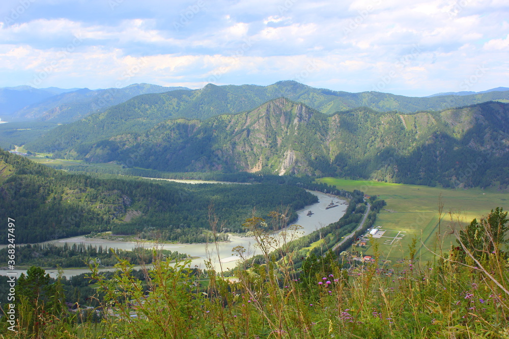 the katun river from a high mountain in mountain altai