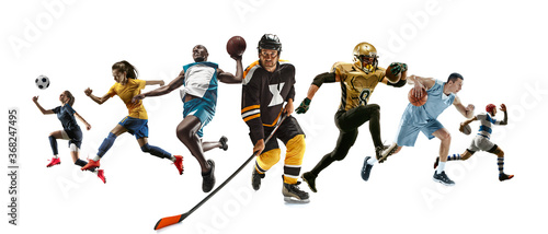 Sport collage of professional athletes or players isolated on white background  flyer. Made of different photos of 6 models. Concept of motion  action  power  target and achievements  healthy  active