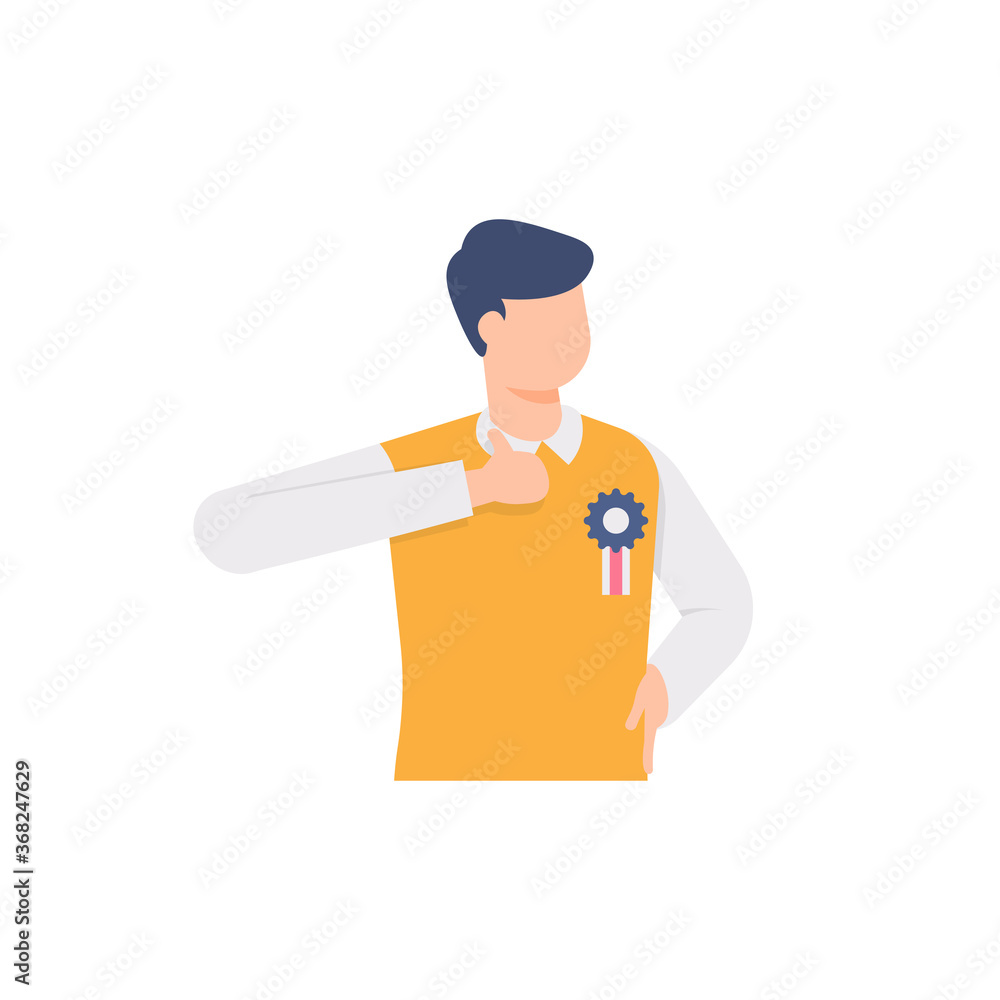 the concept of a smart, creative, innovative and good employee. illustration of a man who gets a medal or award and points his thumb up. flat design. can be used for elements, landing pages, UI, web the concept of a smart, creative, innovative and good employee. illustration of a man who gets a medal or award and points his thumb up. flat design. can be used for elements, landing pages, UI, web