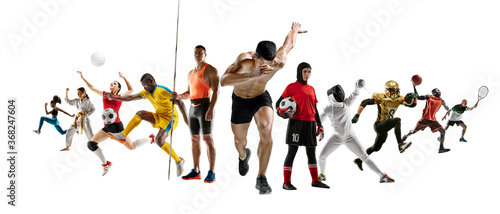 Fototapeta Naklejka Na Ścianę i Meble -  Sport collage of professional athletes or players isolated on white background, flyer. Made of different photos of 11 models. Concept of motion, action, power, target and achievements, healthy, active