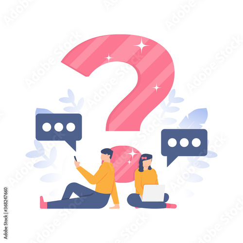 illustration of woman and man sitting while using the device in front of a question mark symbol. flat design. concept Frequently asked questions or FAQs, question marks around people, online support