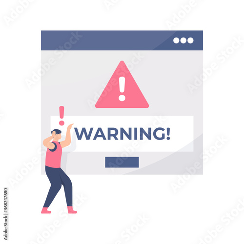 concept of errors, warning signs, problems. illustration of a person who is shocked when a system is compromised. flat design. can be used for elements, landing pages, UI, websites