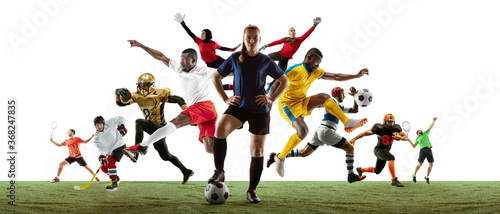 Sport collage of professional athletes or players isolated on white background  flyer. Made of different photos of 10 models. Concept of motion  action  power  target and achievements  healthy  active