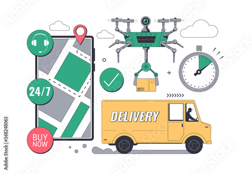 Online Delivery service concept. Mobile tracking app. Online order tracking. Fast Delivery by Truck and Drone. City logistics. Scooter with courier. Flat Vector illustration