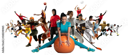 Fototapeta Naklejka Na Ścianę i Meble -  Sport collage of professional athletes or players isolated on white background, flyer. Made of different photos of 17 models. Concept of motion, action, power, target and achievements, healthy, active