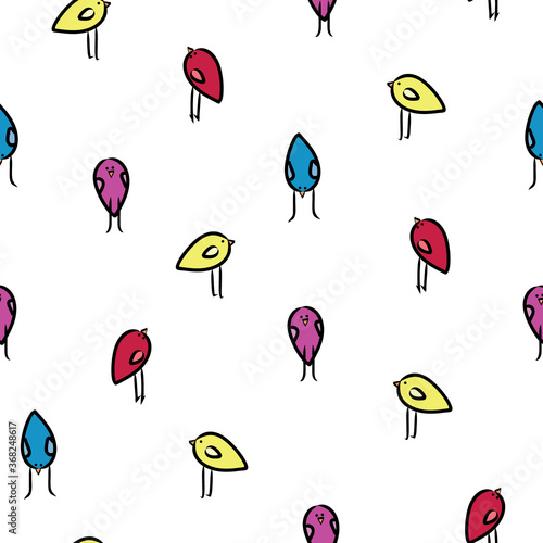 Vector Birds in Red Yellow Purple Blue on White Background Seamless Repeat Pattern. Background for textiles, cards, manufacturing, wallpapers, print, gift wrap and scrapbooking.