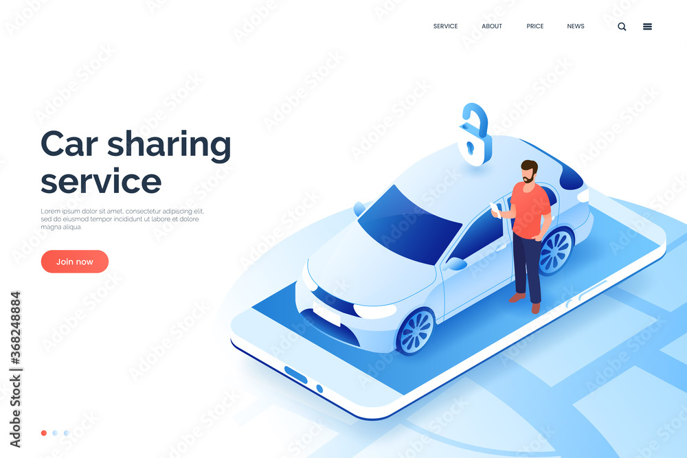 Naklejka premium Car sharing service isometric illustration. A man with smartphone standing next to a carsharing auto. Vehicle rental via mobile app. City transport. Design element for your business.