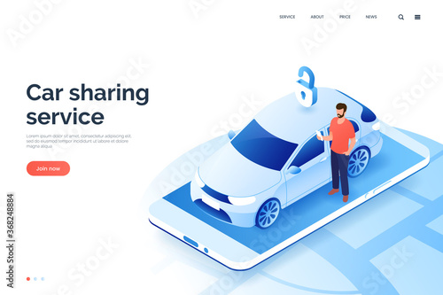 Car sharing service isometric illustration. A man with smartphone standing next to a carsharing auto. Vehicle rental via mobile app. City transport. Design element for your business.