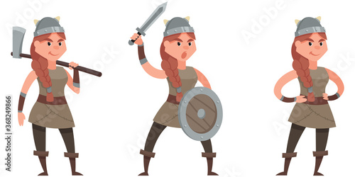 Viking in different poses. Female character in cartoon style.